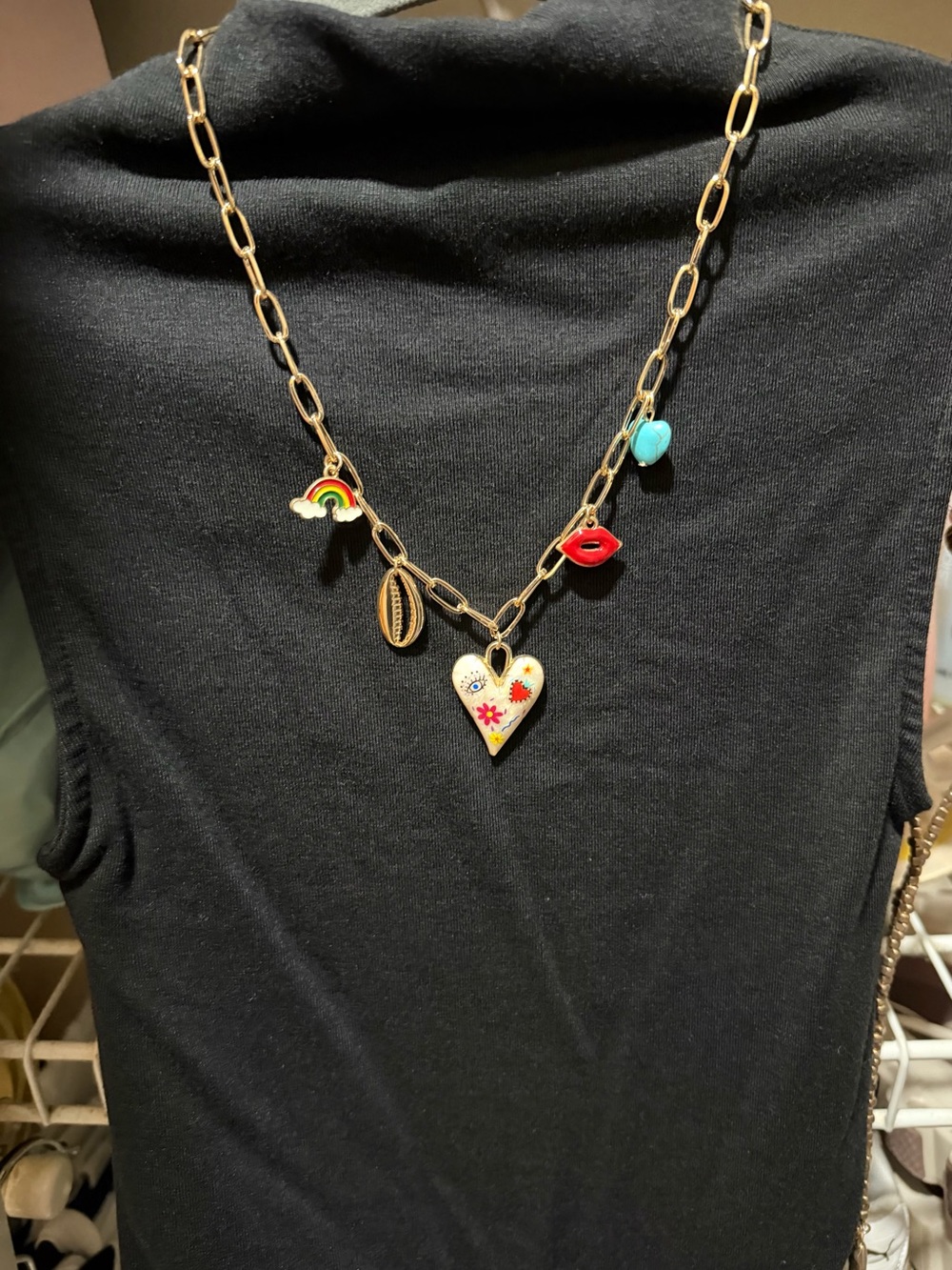 Gold Chain Charm Necklace with Multicolor Heart and Charms